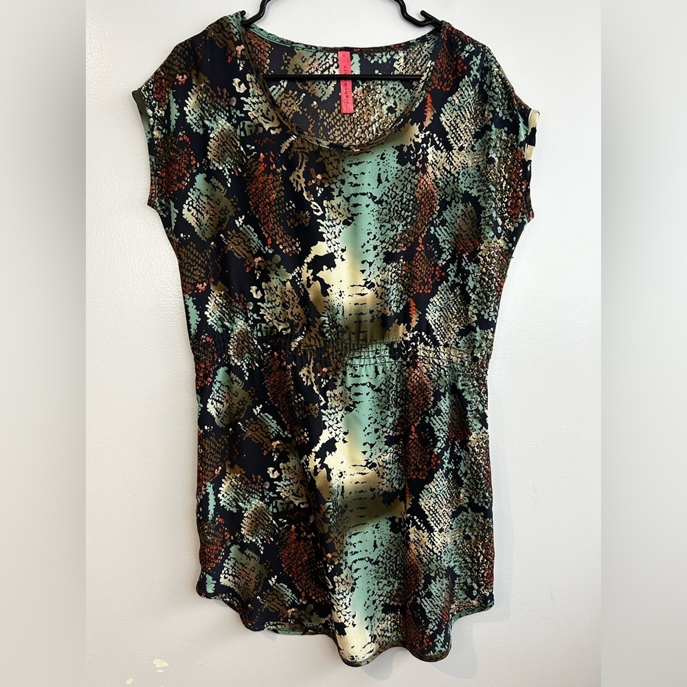 Eight Sixty 100% Silk Teal/Brown Snake/Animal Print Cap Sleeve Mini Dress Small